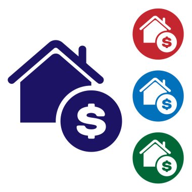 Beyaz arka planda izole dolar sembolü simgesi ile Mavi Saray. Ev ve para. Gayrimenkul konsepti. Renk simgelerini daire düğmelerinde ayarlayın. Vektör İllüstrasyonu