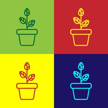 Renk arka planda yalıtılmış pot simgesindeki Renk Çiçekleri. Bir tencerede yetişen bitki. Saksı bitki işareti. Vektör İllüstrasyonu
