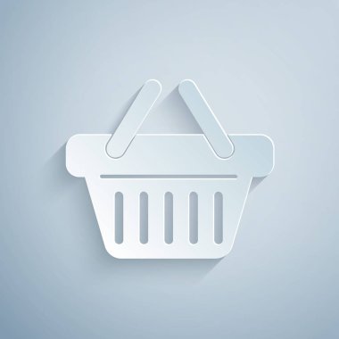 Kağıt kesme Alışveriş sepeti simgesi gri arka plan üzerinde izole. Kağıt sanat tarzı. Vektör İllüstrasyonu