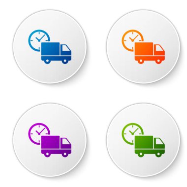 Renk Lojistik teslimat kamyon ve saat simgesi beyaz arka plan üzerinde izole. Teslim süresi simgesi. Simgeleri daire düğmelerine ayarlayın. Vektör İllüstrasyonu