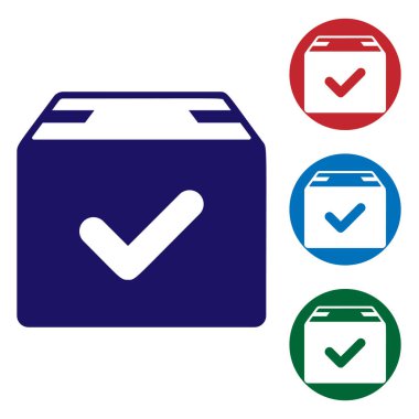 Beyaz arka planda yalıtılmış onay işareti simgesine sahip Mavi Paket kutusu. Onay damgalı paket kutusu. Onaylı teslimat veya başarılı paket makbuzu. Renk simgelerini daire düğmelerinde ayarlayın. Vektör İllüstrasyonu