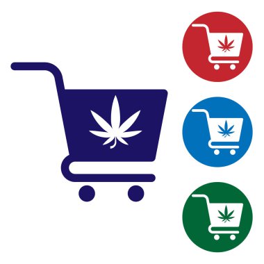 Beyaz arka plan üzerinde izole esrar veya esrar yaprağı simgesi ile Mavi Alışveriş sepeti. Online satın alma. Teslimat hizmeti. Süpermarket sepeti. Renk simgelerini daire düğmelerinde ayarlayın. Vektör İllüstrasyonu