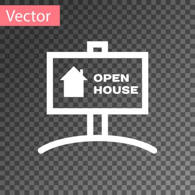Metin ile Beyaz Asma işareti Saydam arka planda yalıtılmış ev simgesi açık. Metin Açık ev ile tabela. Vektör İllüstrasyonu