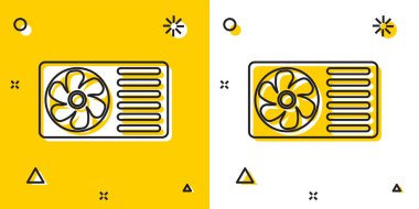 Siyah klima temiz hava simgesi ile izole sarı ve beyaz arka plan. Split sistem klima. Serin ve soğuk iklim kontrol sistemi. Rastgele dinamik şekiller. Vektör İllüstrasyonu
