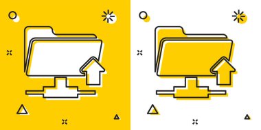 Siyah Ftp klasör yükleme simgesi sarı ve beyaz arka planda yalıtılmış. Yazılım güncelleştirme, transfer protokolü, yönlendirici, takım çalışması araç yönetimi, kopyalama işlemi. Rastgele dinamik şekiller. Vektör İllüstrasyonu