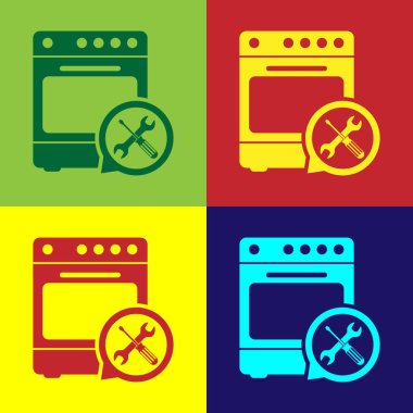 Renk arka plan üzerinde izole tornavida ve anahtar simgesi ile renkli fırın. Ayarlama, hizmet, ayarlama, bakım, onarım, sabitleme. Vektör Illustration