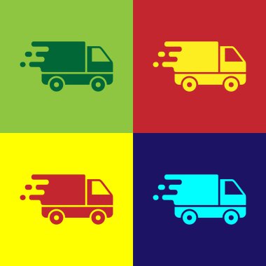 Renk arka planda yalıtılmış hareket simgesirenk Teslim kamyon. Hızlı nakliye teslimat kamyonu. Vektör İllüstrasyonu