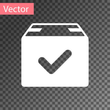 Saydam arka planda yalıtılmış onay işareti simgesine sahip Beyaz Paket kutusu. Onay damgalı paket kutusu. Onaylı teslimat veya başarılı paket makbuzu. Vektör İllüstrasyonu
