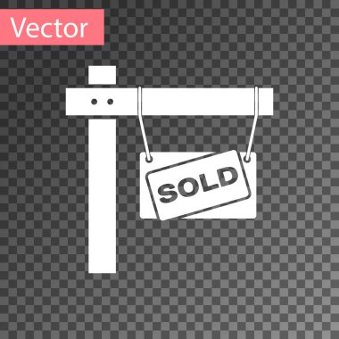 Saydam arka planda yalıtılmış metin Satılmış simgesiile Beyaz Asma işareti. Satılan etiket. Satılan tabela. Vektör İllüstrasyonu