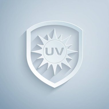 Kağıt kesilmiş Uv koruma simgesi gri arka plan üzerinde izole. Güneş ve kalkan. Ultraviyole ışınları radyasyon. Spf güneş işareti. Kağıt sanat tarzı. Vektör İllüstrasyonu