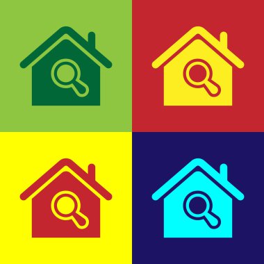 Renk arka planda yalıtılmış Renk Arama evi simgesi. Büyüteç altında bir evin gayrimenkul sembolü. Vektör İllüstrasyonu