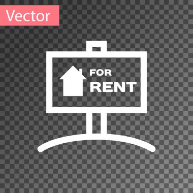 Saydam arka planda yalıtılmış Kiralık metin simgesinin yer verdiği Beyaz Asma işareti. Kiralık metinli tabela. Vektör İllüstrasyonu