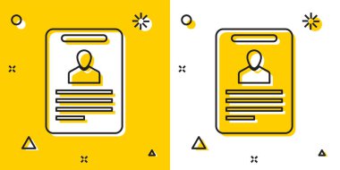 Siyah kimlik rozeti simgesi sarı ve beyaz arka planda yalıtılmış. Bu sunum için kullanılabilir, şirketin kimliği, reklam. Rastgele dinamik şekiller. Vektör İllüstrasyonu