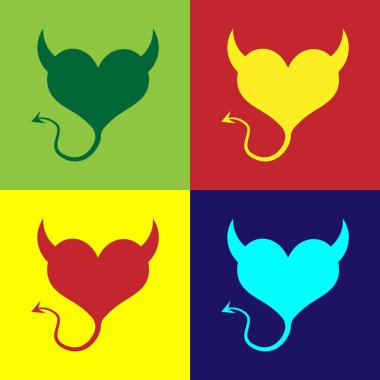 Boynuz ve renk arka planda izole bir kuyruk simgesi ile renk Devil kalp. Sevgililer günü sembolü. Vektör Illustration