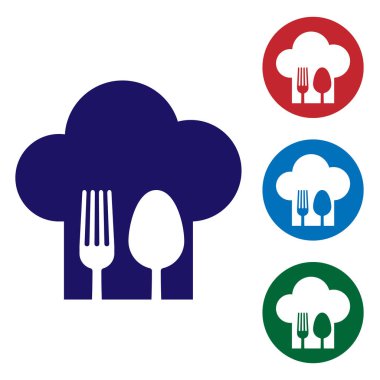 Beyaz arka plan üzerinde izole çatal ve kaşık simgesi ile Blue Chef şapka. Pişirme sembolü. Restoran menüsü. Aşçı şapkası. Renk simgesini daire düğmelerinde ayarlayın. Vektör İllüstrasyonu