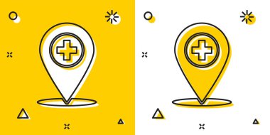 Sarı ve beyaz arka planda izole edilmiş çapraz hastane simgesine sahip siyah Tıbbi harita işaretçisi. Rastgele dinamik şekiller. Vektör İllüstrasyonu