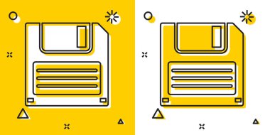 Sarı ve beyaz arka planda yalıtılmış bilgisayar veri depolama simgesi için siyah Disket diski. Disket işareti. Rastgele dinamik şekiller. Vektör İllüstrasyonu