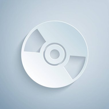 Kağıt kesimi CD veya DVD disk simgesi gri arkaplanda izole edildi. Küçük disk işareti. Kağıt sanatı tarzı. Vektör İllüstrasyonu
