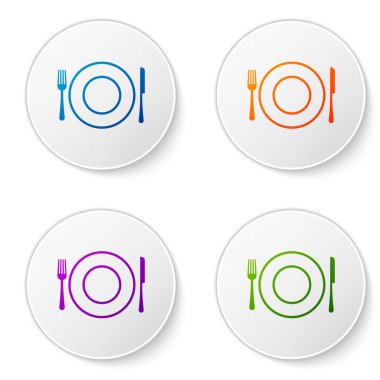 Beyaz arka planda yalıtılmış Renk Plakası, çatal ve bıçak simgesi. Çatal bıçak takımı sembolü. Restoran tabelası. Simgeleri daire düğmelerine ayarlayın. Vektör İllüstrasyonu