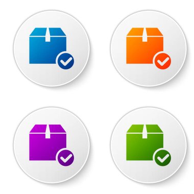 Beyaz arka planda yalıtılmış onay işareti simgesine sahip Renk Paketi kutusu. Onay damgalı paket kutusu. Onaylı teslimat veya başarılı paket makbuzu. Simgeleri daire düğmelerine ayarlayın. Vektör İllüstrasyonu