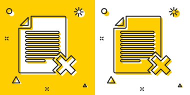 Siyah Sil dosya belge simgesi sarı ve beyaz arka planda yalıtılmış. Reddedilen belge simgesi. Kağıt üzerinde çapraz. Rastgele dinamik şekiller. Vektör İllüstrasyonu