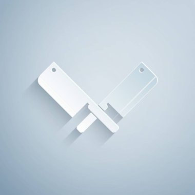 Kağıt kesilmiş Çapraz et doğrama simgesi gri arka plan üzerinde izole. Et için mutfak bıçağı. Kasap bıçağı. Kağıt sanat tarzı. Vektör İllüstrasyonu