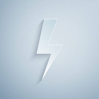 Kağıt kesme Şimşek cıvata simgesi gri arka plan üzerinde izole. Flash simgesi. Flash simgesini şarj edin. Şimşek çak. Işık grevi. Kağıt sanat tarzı. Vektör İllüstrasyonu