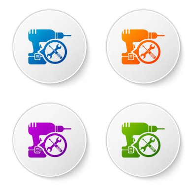 Beyaz arka planda izole tornavida ve anahtar simgesi ile renkli matkap makinesi. Ayarlama, hizmet, ayarlama, bakım, onarım, sabitleme. Daire düğmelerinde simgeleri ayarlayın. Vektör Illustration