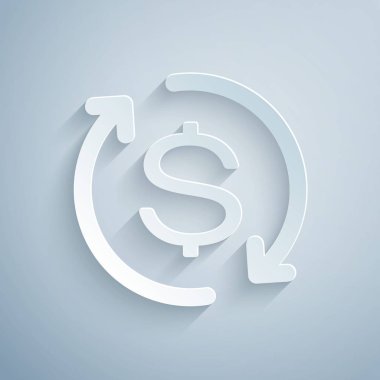 Kağıt kesme Gri arka plan üzerinde izole yatırım simgesinin İadesi. Para dönüştürme simgesi. İade işareti. Dolar dönüştürücü kavramı. Kağıt sanat tarzı. Vektör İllüstrasyonu