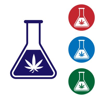 Beyaz arka planda izole marihuana veya esrar yaprağı simgesi ile Mavi Kimyasal test tüpü. Araştırma konsepti. Laboratuvar Cbd yağ konsepti. Renk simgelerini daire düğmelerinde ayarlayın. Vektör İllüstrasyonu