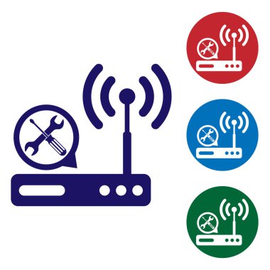 Beyaz arka planda yalıtılmış tornavida ve anahtar simgesi ile mavi Router Wi-Fi. Ayarlama, hizmet, ayarlama, bakım, onarım, sabitleme. Daire düğmelerinde renk simgesini ayarlayın. Vektör Illustration