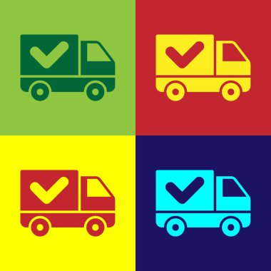 Renk arka planda yalıtılmış onay işareti simgesine sahip Renk Teslim kamyonu. Vektör İllüstrasyonu