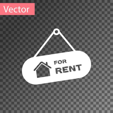 Saydam arka planda yalıtılmış Kiralık metin simgesinin yer verdiği Beyaz Asma işareti. Kiralık metinli tabela. Vektör İllüstrasyonu