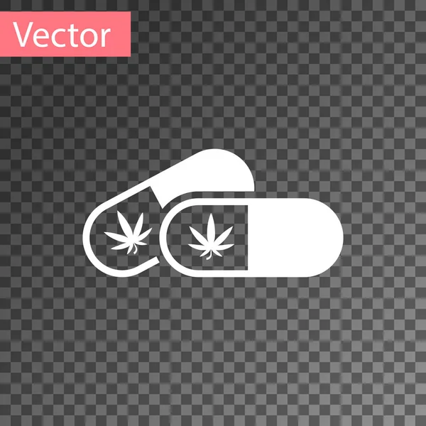 Pilules médicales blanches avec icône de la marijuana ou de la feuille de cannabis isolées sur fond transparent. Maquette d'extraits d'huile de cannabis dans des pots. Illustration vectorielle — Image vectorielle