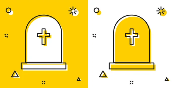 Schwarzer Grabstein mit Kreuzsymbol auf gelbem und weißem Hintergrund. Grab-Symbol. Zufällige dynamische Formen. Vektorillustration — Stockvektor