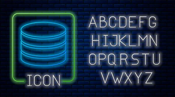 Izzó neon adatbázis ikon izolált téglafal háttérben. Hálózati adatbázisok, lemez folyamatjelző. Biztonságimásolat-készítési koncepció. Neonfény ábécé. Vektoros illusztráció — Stock Vector