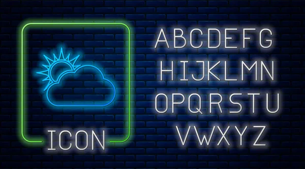 Leuchtende Neon-Sonne und Wolken-Wetter-Ikone isoliert auf Backsteinmauer Hintergrund. Neonlicht-Alphabet. Vektorillustration — Stockvektor