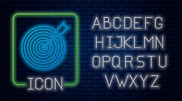 Blanco de neón brillante con icono de flecha aislado en el fondo de la pared de ladrillo. Signo de tablero de dardos. Tiro con arco icono del tablero. Signo de tablero de dardos. Concepto de meta empresarial. Alfabeto de luz de neón. Ilustración vectorial — Vector de stock