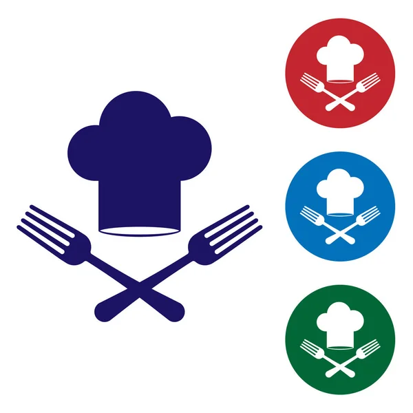 Blauwe chef-kok hoed en gekruiste vork icoon geïsoleerd op witte achtergrond. Kook symbool. Restaurant menu. Koks hoed. Stel het kleur pictogram in de cirkel knoppen in. Vector illustratie — Stockvector
