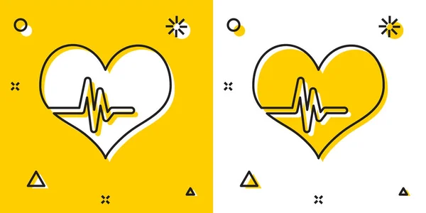 Siyah Kalp hızı simgesi sarı ve beyaz arka planda izole. Kalp atışı işareti. Kalp nabız simgesi. Kardiyogram simgesi. Rastgele dinamik şekiller. Vektör İllüstrasyonu — Stok Vektör