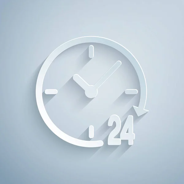Papierschnittuhr 24 Stunden Symbol isoliert auf grauem Hintergrund. Ganztägig zyklische Ikone. 24 Stunden Service-Symbol. Papierkunst. Vektorillustration — Stockvektor