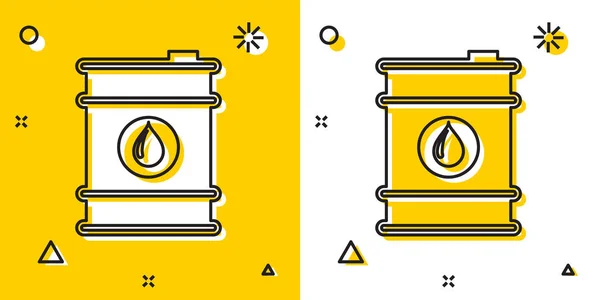 Icono del barril negro aislado sobre fondo amarillo y blanco. Formas dinámicas aleatorias. Ilustración vectorial — Vector de stock