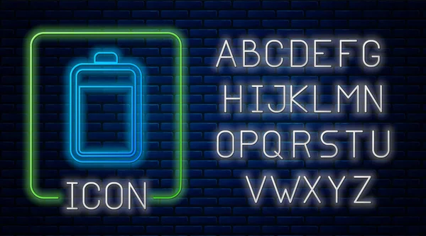 Leuchtende Neon-Akku-Symbol isoliert auf Ziegelwand Hintergrund. Neonlicht-Alphabet. Vektorillustration — Stockvektor