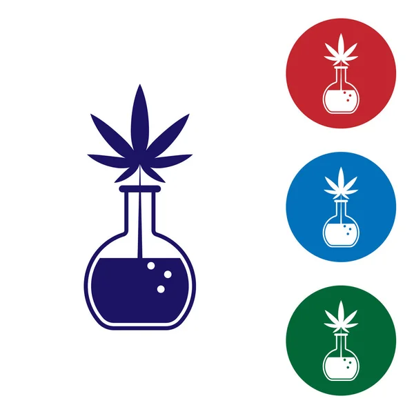 Beyaz arka planda izole marihuana veya esrar yaprağı simgesi ile Mavi Kimyasal test tüpü. Araştırma konsepti. Laboratuvar Cbd yağ konsepti. Renk simgelerini daire düğmelerinde ayarlayın. Vektör İllüstrasyonu — Stok Vektör