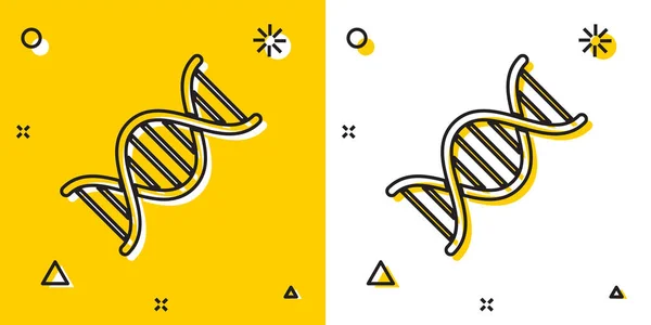 Zwarte DNA symbool pictogram geïsoleerd op gele en witte achtergrond. Willekeurige dynamische vormen. Vector illustratie — Stockvector