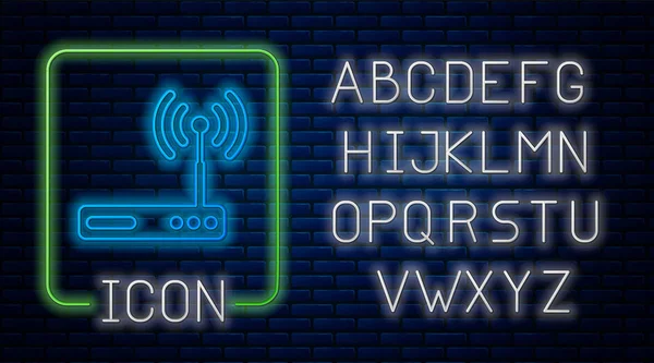 Glödande Neon rutt och Wi-Fi signalen symbol ikonen isolerad på tegelvägg bakgrunden. Trådlös Ethernet-modemrouter. Datorteknik Internet. Neonljus alfabetet. Vektor illustration — Stock vektor