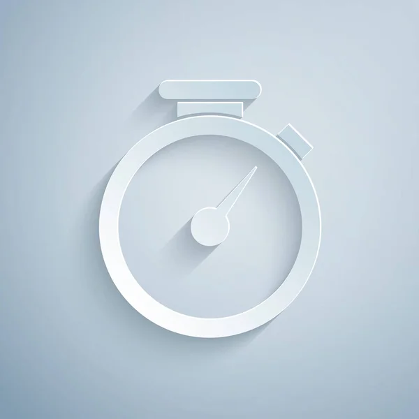 Papier knippen stopwatch pictogram geïsoleerd op grijze achtergrond. Tijd timer teken. Papier kunststijl. Vector illustratie — Stockvector