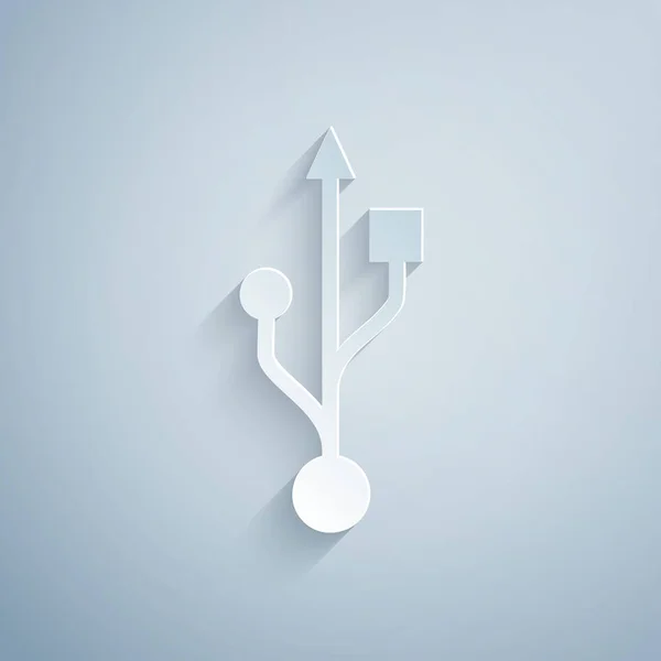 Icono de símbolo USB de corte de papel aislado sobre fondo gris. Estilo de arte de papel. Ilustración vectorial — Vector de stock
