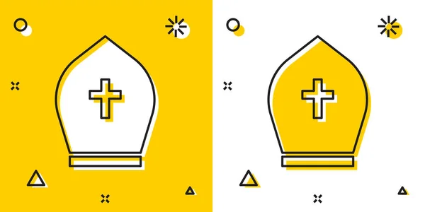 Siyah Papa şapka simgesi sarı ve beyaz arka plan üzerinde izole. Hıristiyan şapka işareti. Rastgele dinamik şekiller. Vektör İllüstrasyonu — Stok Vektör