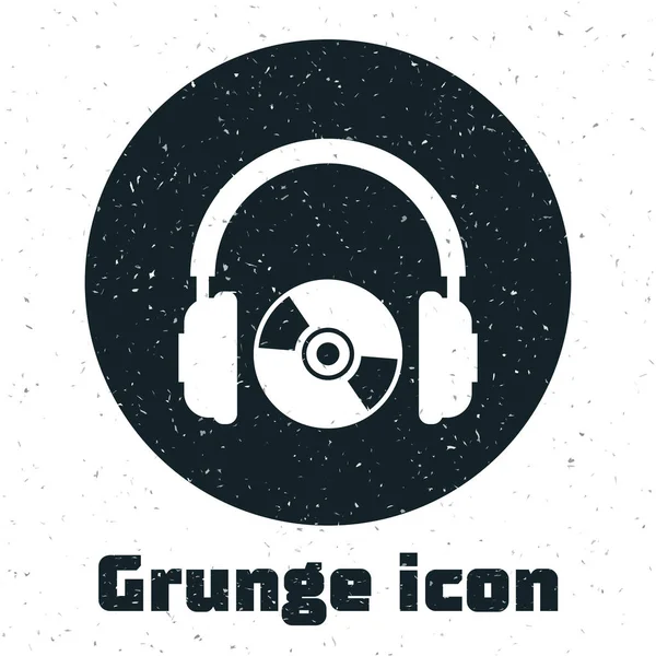 Grunge Headphones e ícone de CD ou DVD isolado no fundo branco. Sinal de fone de ouvido. Símbolo de disco compacto. Ilustração vetorial — Vetor de Stock